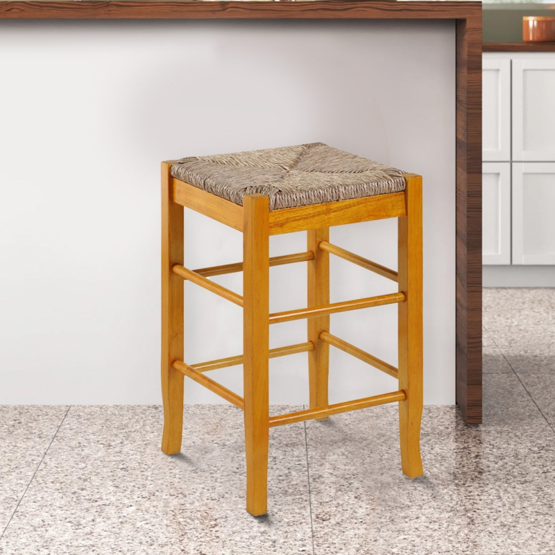 Counter Stool Oak Brown Handwoven Rush Seat Tapered Legs Rustic