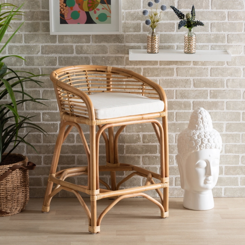 Counter Stool Rattan Barrel Back White Upholstery Bentwood Braces