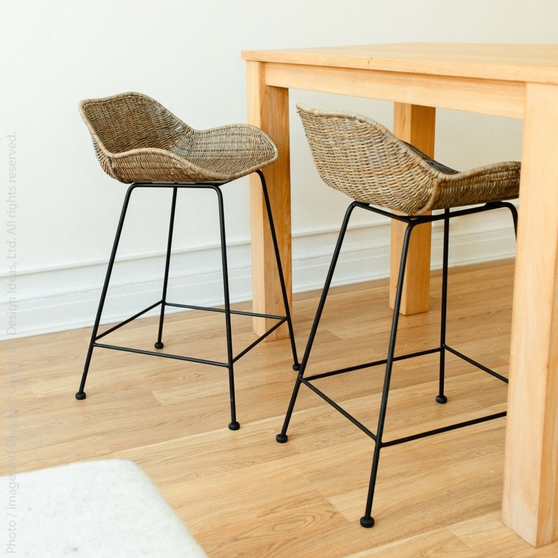 Counter Stool Rattan Scoop Seat Matte Black Frame Splayed Legs
