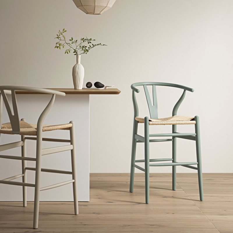 Counter Stool, Sage Green Wood Wishbone with Natural Weave Seat.