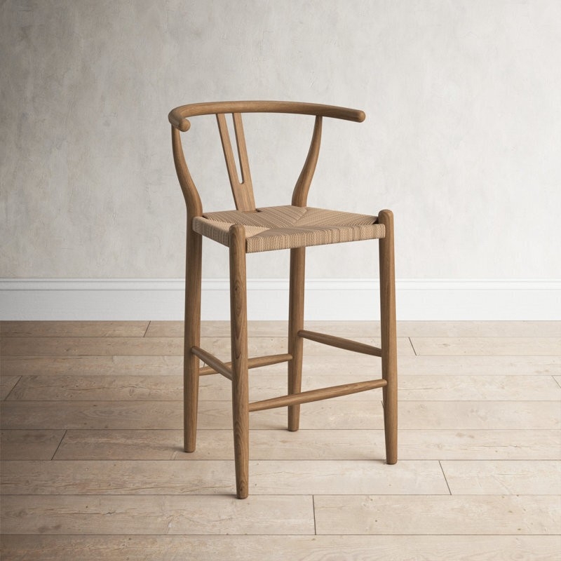 Counter Stool, Scandinavian Natural Wood Wishbone with Woven Seat.