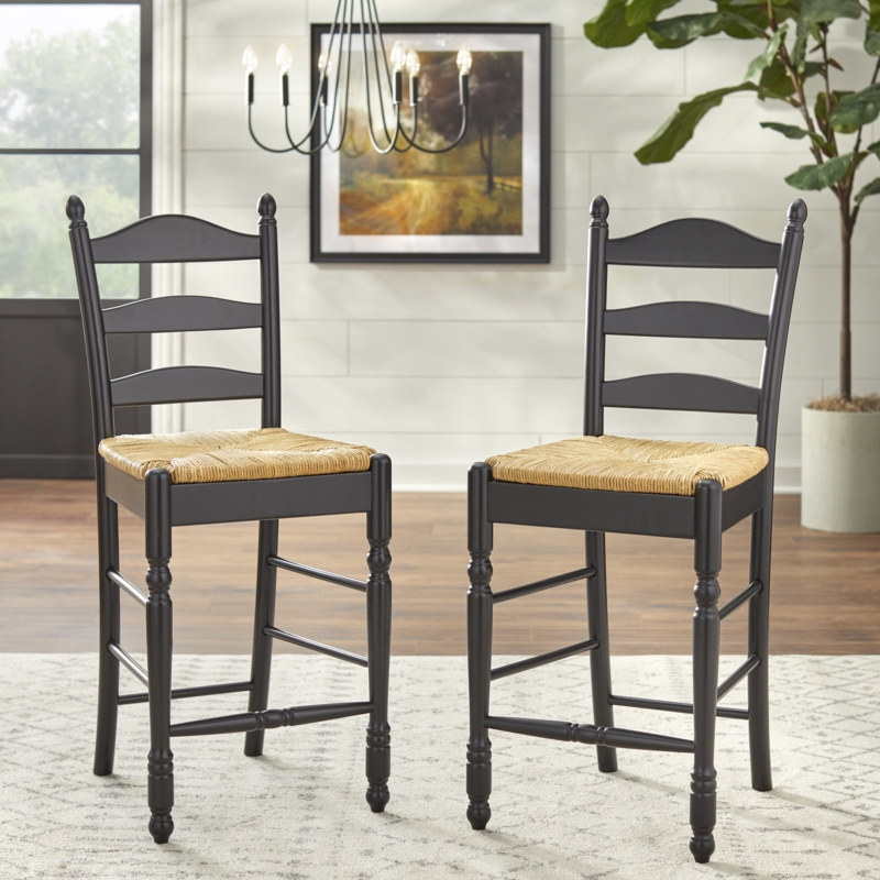 Counter Stool Set Matte Black Ladder Back Turned Legs Farmhouse