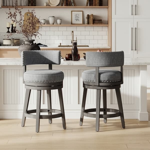 Counter Stool Slate Gray Swivel Seat Nailhead Trim Weathered Wood