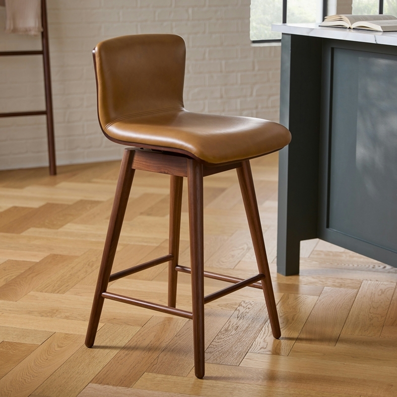 Counter Stool Swivel in Toscana Tan Leather and Walnut Legs