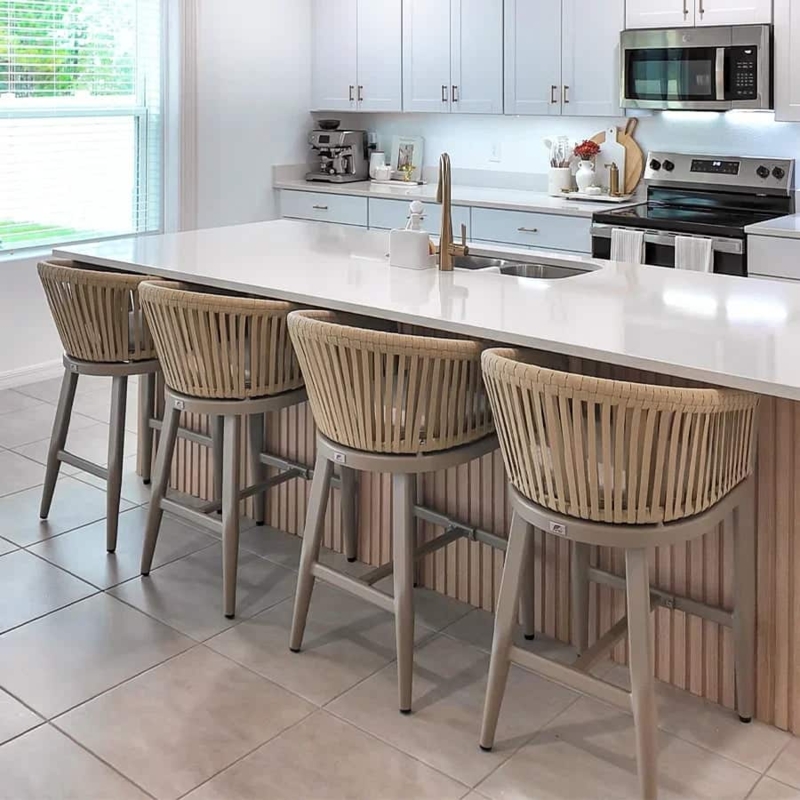 Counter Stool Vertical Rope Back Curved Barrel Silhouette Greige Legs