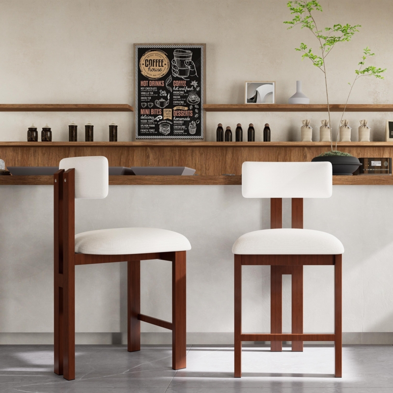 Counter Stool Walnut Low Back with Cream Fabric Upholstery