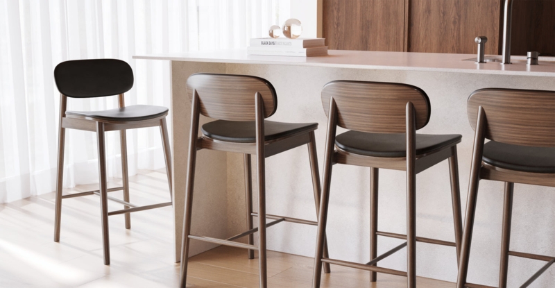 Counter Stool Walnut Tapered Legs with Black Leather Seat
