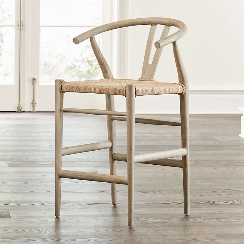 Counter Stool, Weathered Grey Wood Wishbone with Woven Seat.