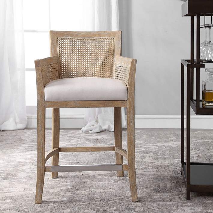 Counter Stool Weathered Wood Finish Cane Back Panels Metal Kickplate