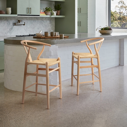 Counter Stool, Wegner Style Light Wood with Woven Paper Cord Seat.