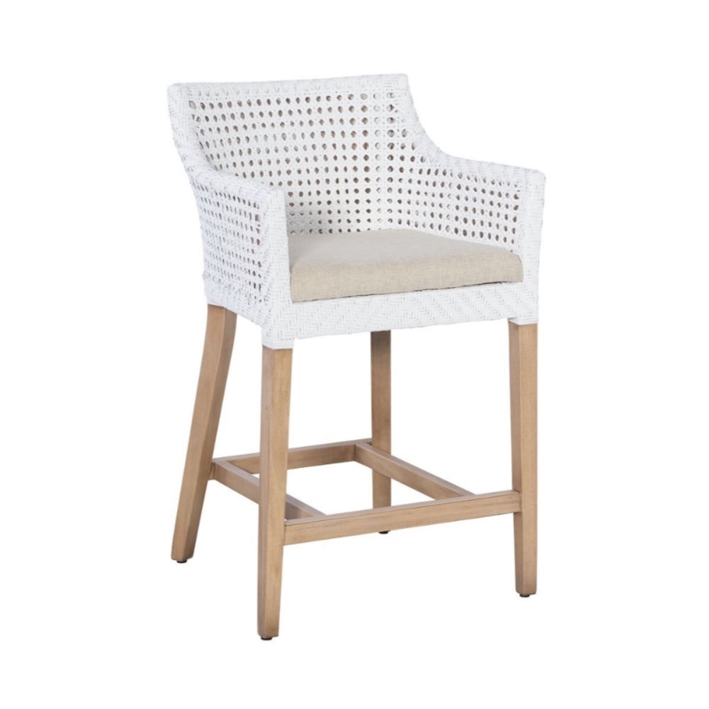 Counter Stool White Cane Weave Integrated Arms Herringbone Apron