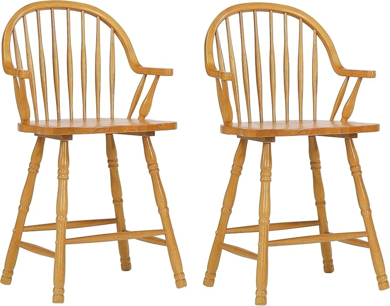 Counter Stool with Arms in Light Oak, Traditional Spindle Back Barstools.