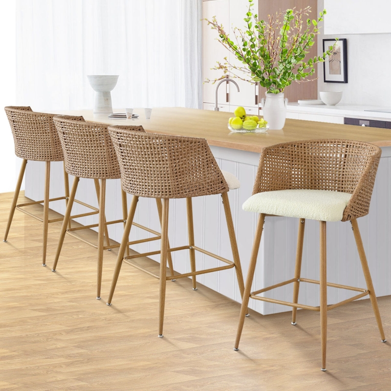 Counter Stool Wrap Around Arms Woven Rattan Back Beige Upholstery
