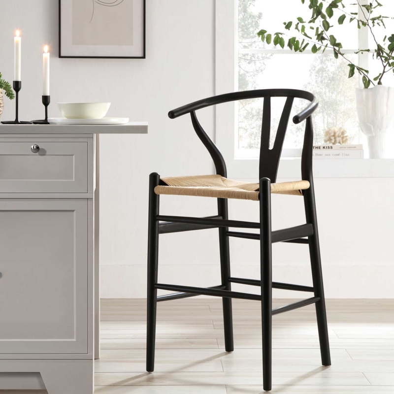 Counter Stool, Y-Back Support with Woven Seat in Dark Finish.
