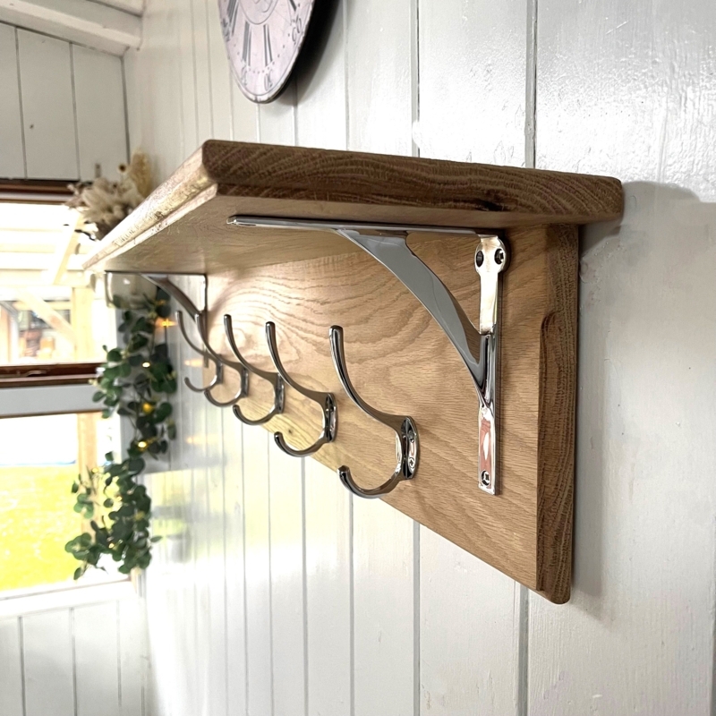 Country Cottage Oak Shelf Rack, Chrome Victorian Hooks. Organizer.