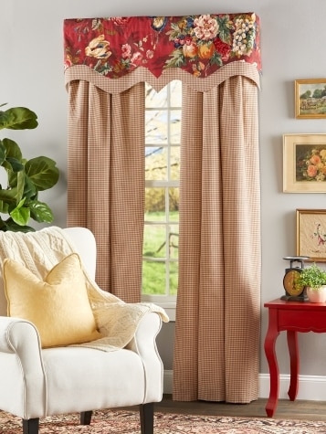 Country Cottage Red Floral Scalloped Valance with Checks