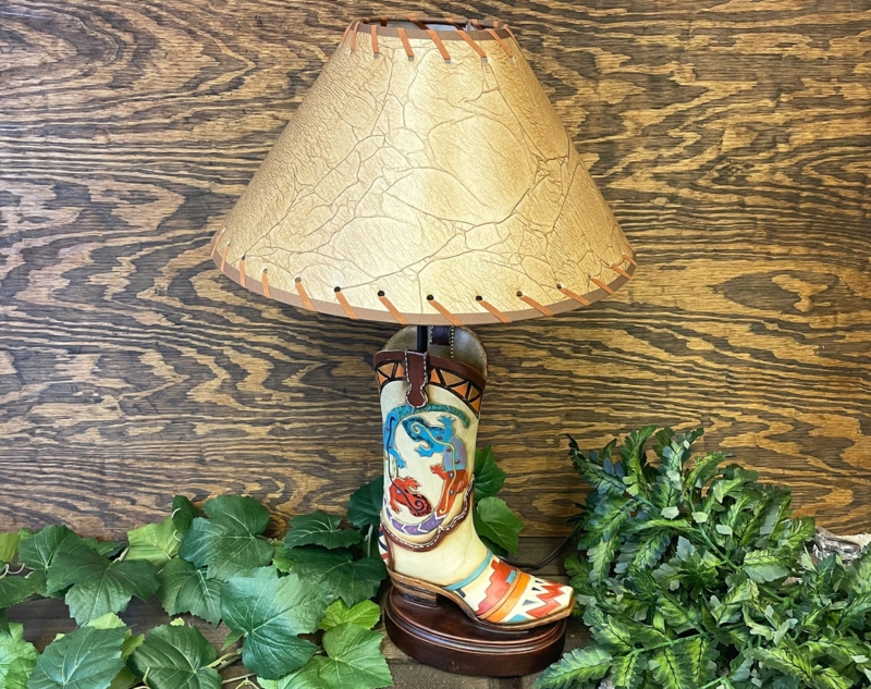 Cowboy Boot Table Lamp: Lizard Illustration & Laced Parchment Shade