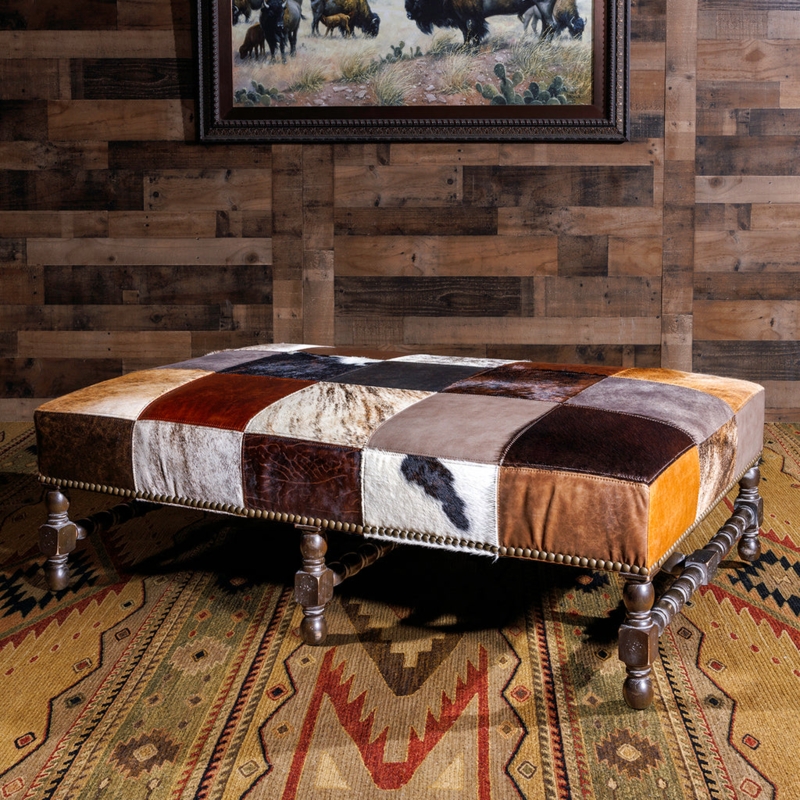 Cowhide Patchwork Ottoman Bench: Six Turned Legs & Nailhead Trim