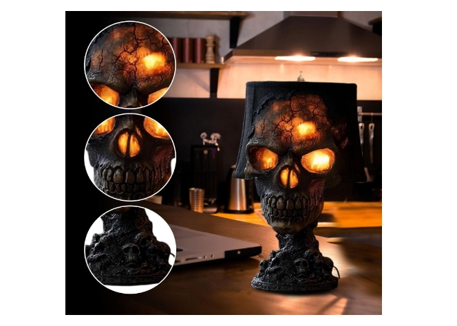 Cracked Stone Table Lamp with Glowing Skull Eyes, Gothic Decor