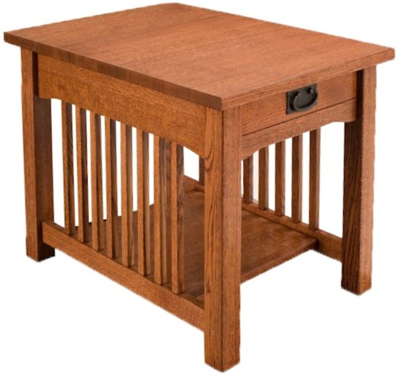 Craftsman Slatted Side Table Warm Oak Bail Pull Drawer