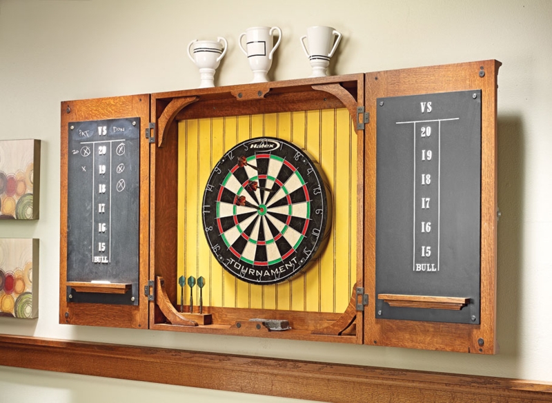 Craftsman Style Dart Board Cabinet, Pinstripe Backing and Chalkboard Doors