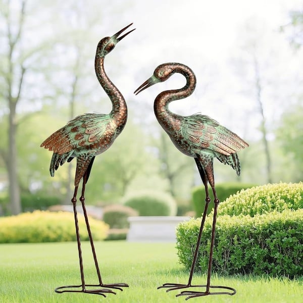 Crane Statues Patina Garden Verdigris Textured Feathers Slender Legs Metal