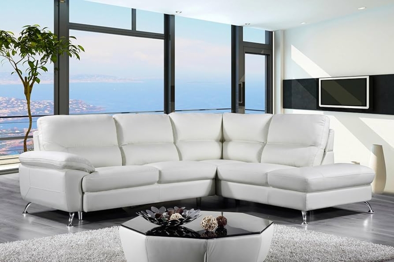 Cream Genuine Leather Sectional Sofa with Channeled Back Design