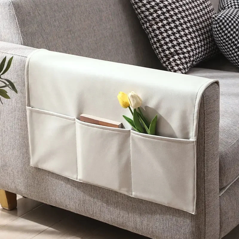 Cream Leather-like Sofa Armrest Organizer Three Compartment Pouch