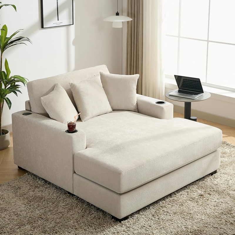 Cream Oversized Chaise Lounge Chenille Cup Holders Charging Station Modern