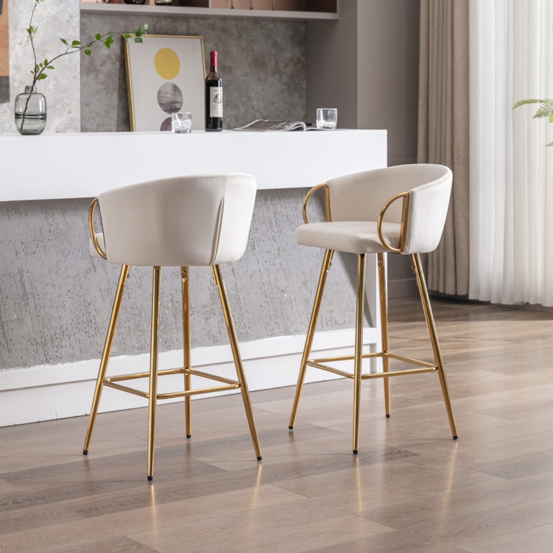 Cream Velvet Bar Stools Circular Gold Arms Art Deco Style