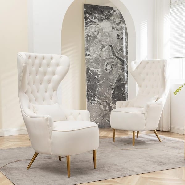 Cream Velvet Wingback Chair Set with Gold Toned Legs