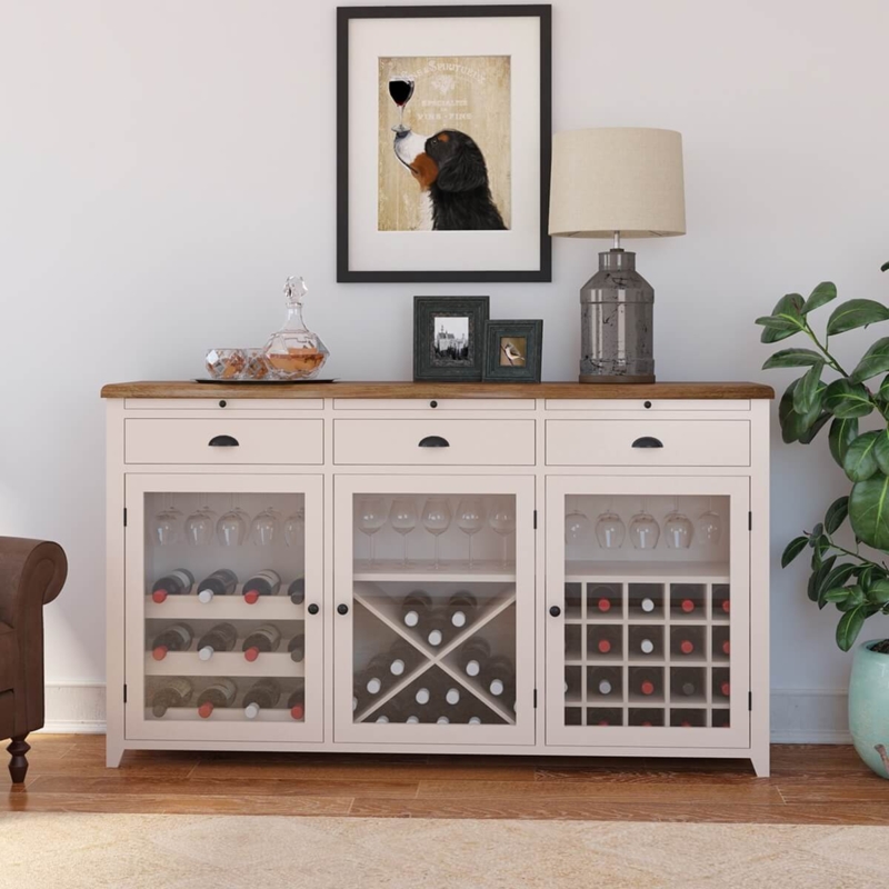 Cream White Bar Cabinet with Three Glass Doors and Wine Racks
