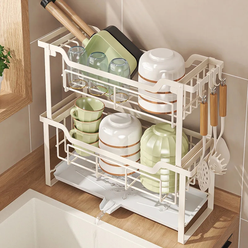 Cream White Two-Tier Dish Rack with Swivel Spout and Cup Brackets