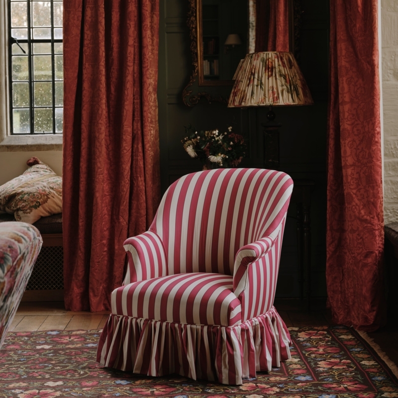 Crimson Red Stripe Accent Chair, Ruffled Skirt, Rolled Arms