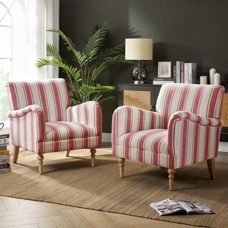 Crimson Red Stripe Accent Chairs Set of 2, Turned Spindle Legs