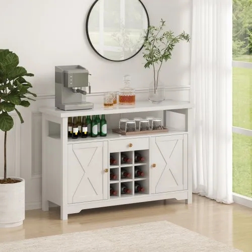 Crisp White Bar Cabinet with X-Frame Doors and Open Top Shelf
