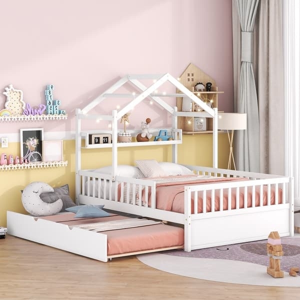 Crisp White House Bed with Apex Roof, Integrated Shelf, and Trundle.