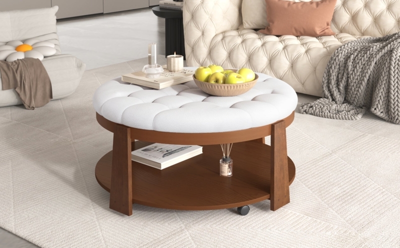 Crisp White Round Ottoman Tufted Thick Wood Legs Casters