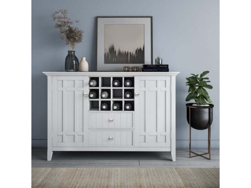 Crisp White Sideboard Buffet with Recessed Panels and 12-Bottle Grid