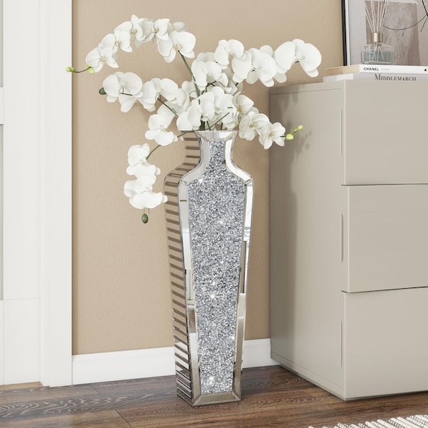 Crushed Crystal Floor Vase: Mirrored Silver Glam Accent