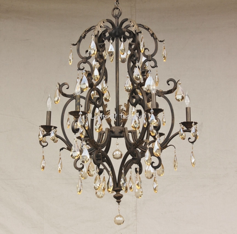 Crystal Chandelier Tuscan Style Amber Teardrop Pendants Scrolling Iron