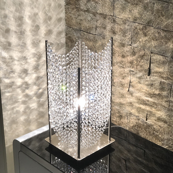 Crystal Table Lamp: Beaded Strings, Square Pedestal, Polished Chrome