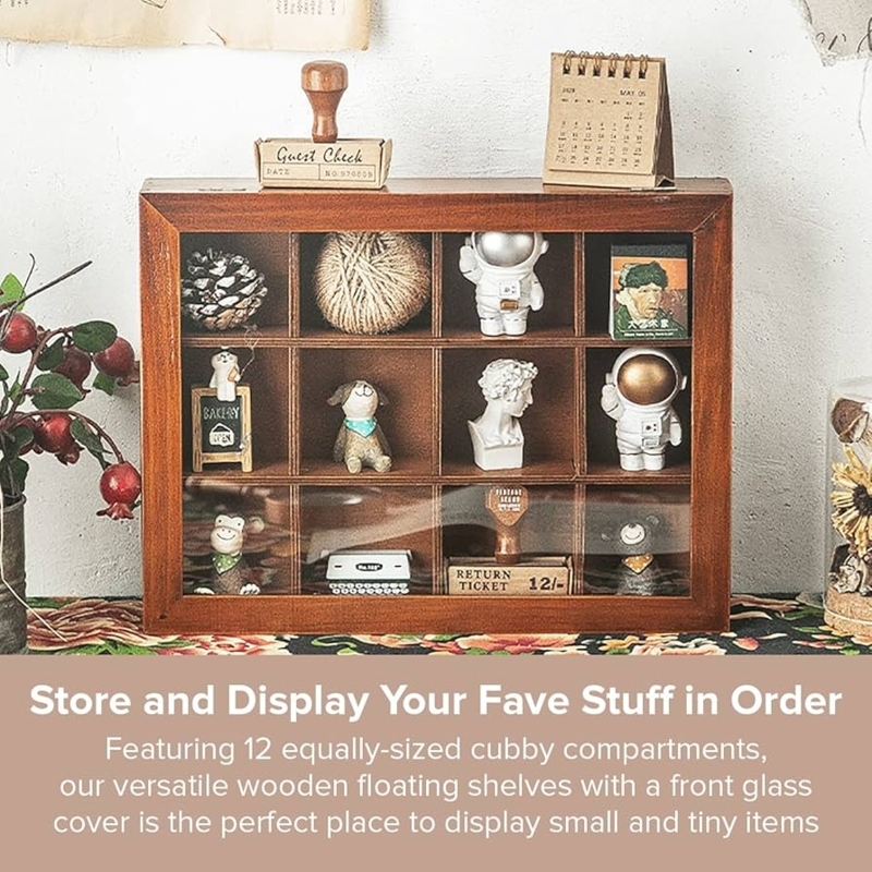 Cubby Display Case 12 Compartments Glass Front Cover Wall Mountable