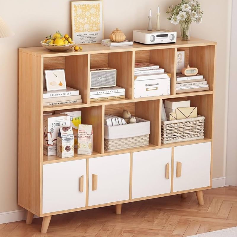 Cubby Shelf Asymmetrical Bookshelf with Doors, Oak and White