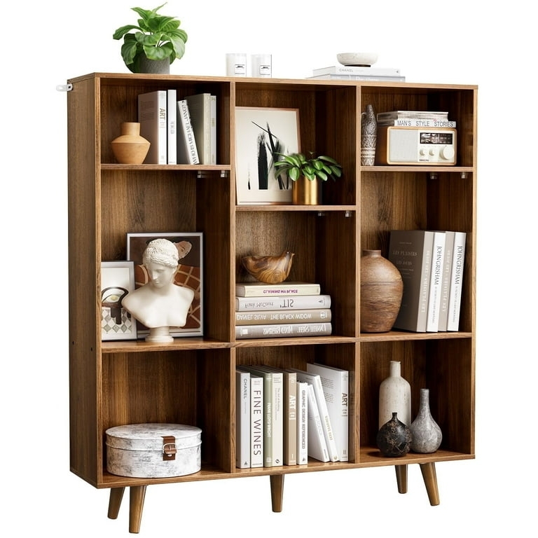 Cube Bookshelf Walnut Finish with Splayed Tapered Legs