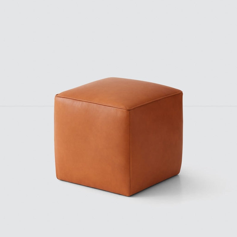 Cube Ottoman in Warm Cognac with Piped Edge Detailing