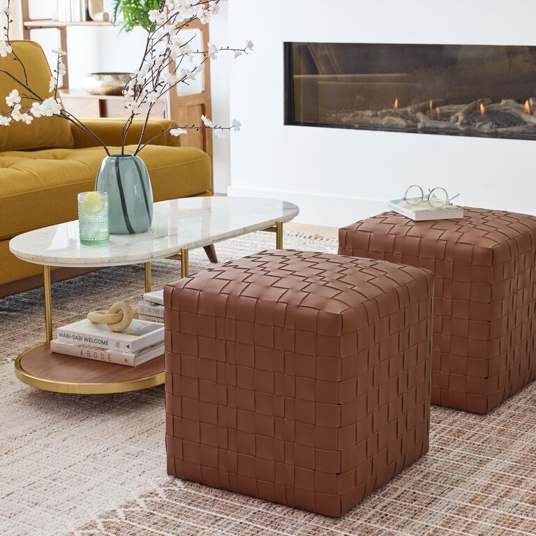 Cube Ottoman with Basketweave Pattern and Hidden Casters
