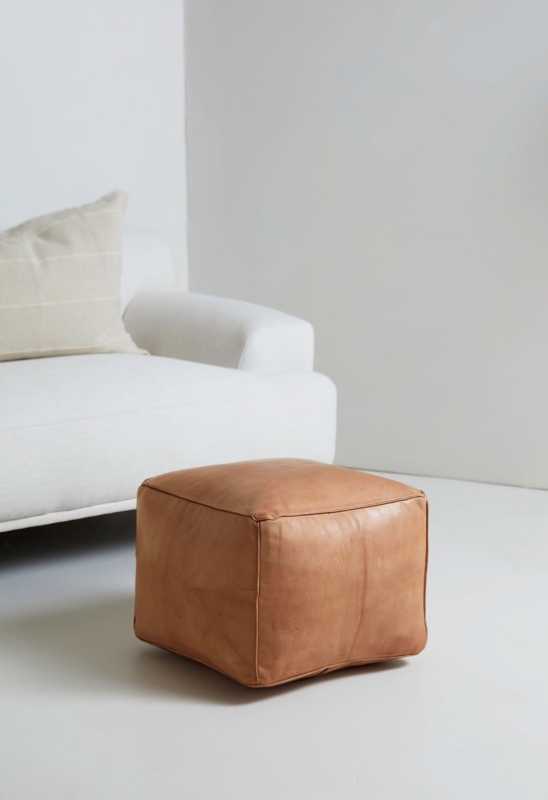 Cube Pouf in Warm Tan Leather with Piped Seams