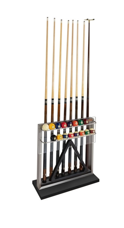Cue Rack Contemporary Brushed Metal with Clear Ball Shelf