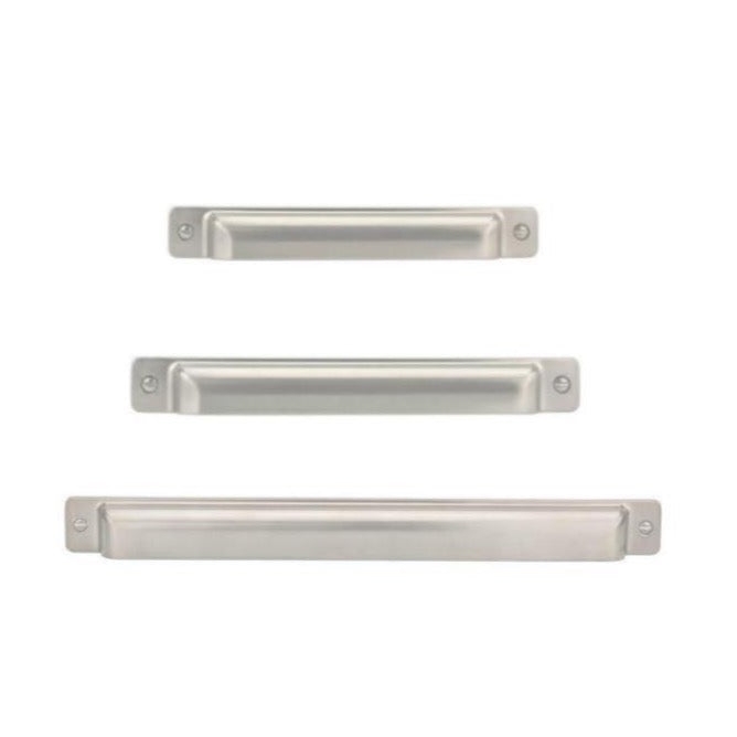 Cup Pull: Brushed Nickel Exposed Screws Rectangular Flange Industrial